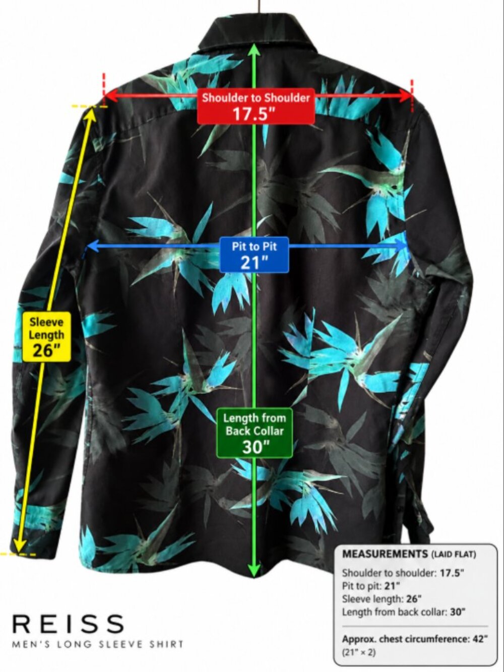 REISS Xandy Men’s L 100% Cotton Foliage Print Slim Fit Shirt Black Teal - Picture 9 of 9